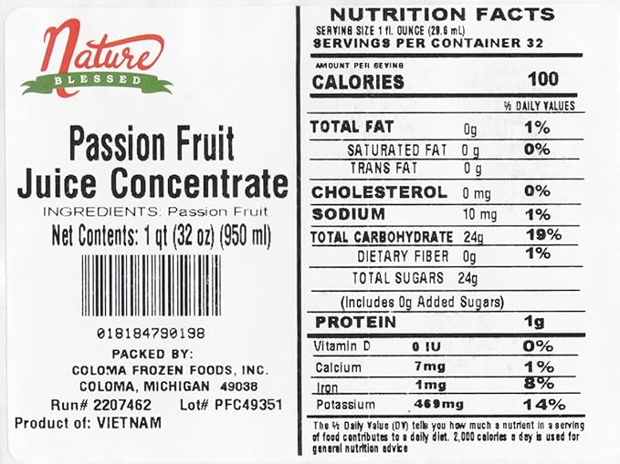Nature Blessed 100% Passion Fruit Juice Concentrate - 2 Quarts (2/32 fl oz bottles) Applications: Excellent for Home Wine Making Home Brewing Distilling Ale Smoothies Making Jelly