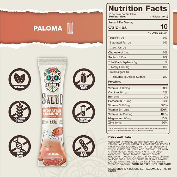 Salud 2-in-1 Hydration Packets + Immunity Electrolytes Powder Paloma - Agua Fresca Drink Mix Elderberry Dairy &amp Soy Free Non-GMO Gluten Free Vegan Low Calorie 1g Sugar (15 Servings)