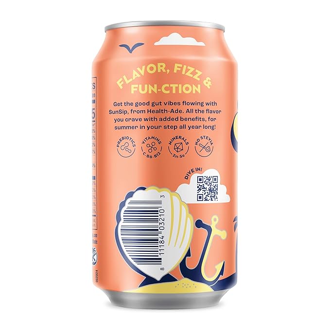 SunSip Prebiotic Soda by Health-Ade Better-for-You Soda Swap Beverage with Vitamins &amp Minerals Naturally Sweetened with 5g of Sugar Peach 11.5 oz (12 Pack)