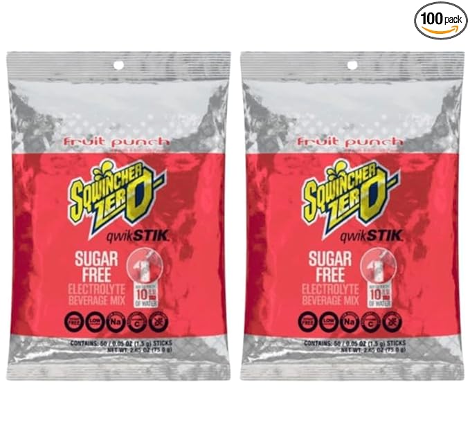 Sqwiincher Zero Qwik Stik Electrolyte Powder Hydration Drink Mix Multi Flavors - 0.05 0z Packet - (100 Pack Fruit Punch)