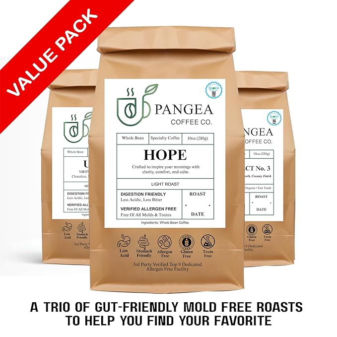 Pangea Flavor Discovery Pack – Whole Bean Organic Sampler 3-Pack (10oz Bags) – Low Acid Allergen-Free Specialty Arabica Clean Coffee