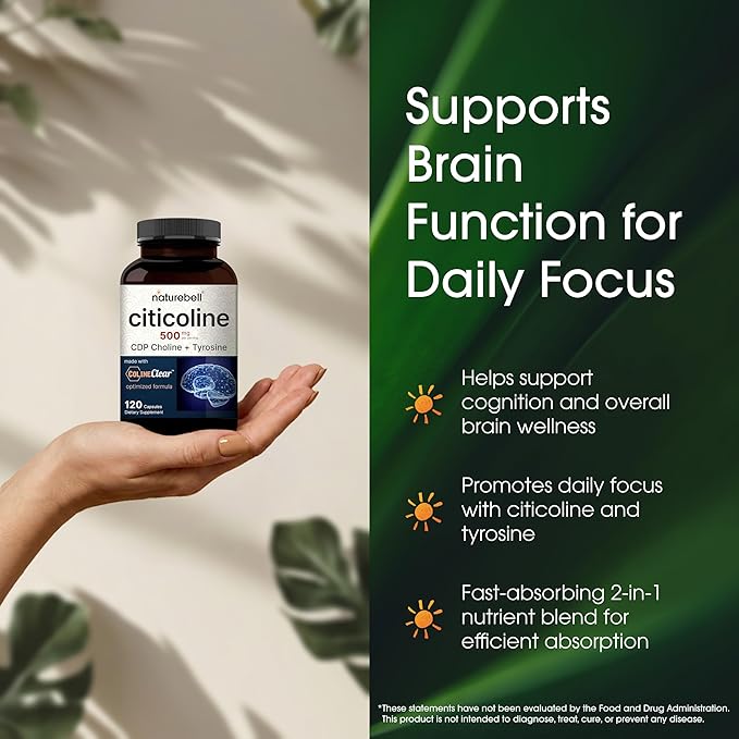 NatureBell Citicoline 500mg - 120 Capsules - Brain Function Support for Adults - Memory &amp Focus Aid with CDP Choline &amp Tyrosine - Fast-Absorbing Formula* - Non-GMO &amp Gluten-Free
