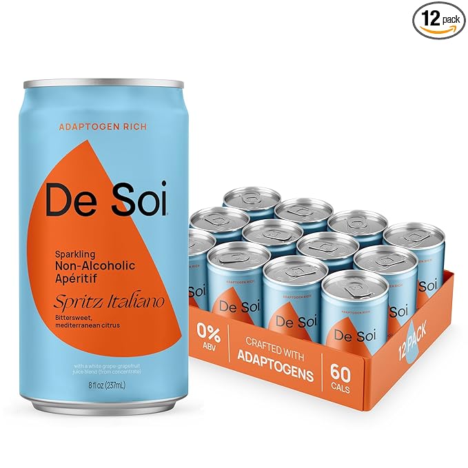 De Soi Spritz Italiano 12-Pack – Sparkling Non-Alcoholic Drink Mocktail &amp Alcohol Alternative with Adaptogens L-Theanine Lion’s Mane &amp Reishi Mushroom