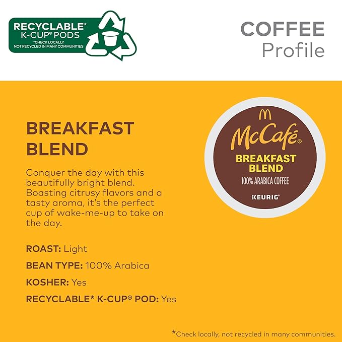 McCafe Breakfast Blend Single Serve Coffee Keurig K-Cup Pods Light Roast 60 Count (6 Packs of 10)