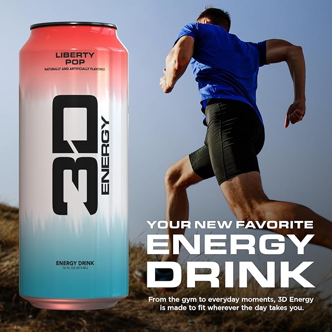 3D Energy Drink – Sugar Free 200mg Caffeine Pre Workout Taurine L-Carnitine Lightly Carbonated 16oz Cans 12 Pack - Liberty Pop