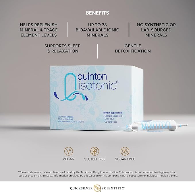 Quicksilver Scientific Original Quinton Isotonic Solution with Sea Water Minerals + Alpine Spring Water - Liquid Hydration Electrolyte + Multi Minerals Supplement (30 Single Serving Vials)