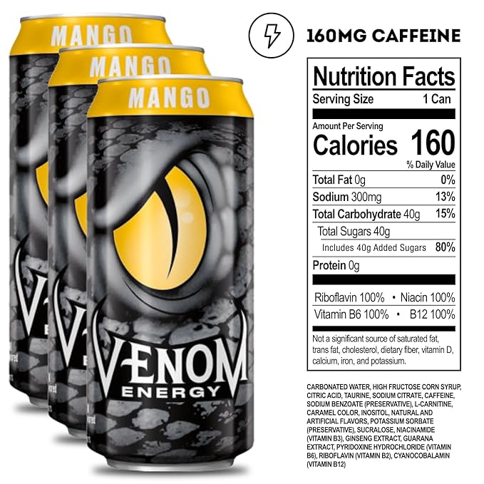 Venom Energy Drink Mango 0 Fat 160mg Caffeine 16 Fl Oz (Pack of 12) By LastFuel.