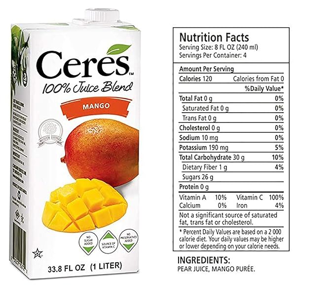 Ceres 100% All Natural Pure Fruit Juice Blend Mango - Gluten Free Rich in Vitamin C No Added Sugar or Preservatives Cholesterol Free - 33.8 FL OZ (Pack of 12)