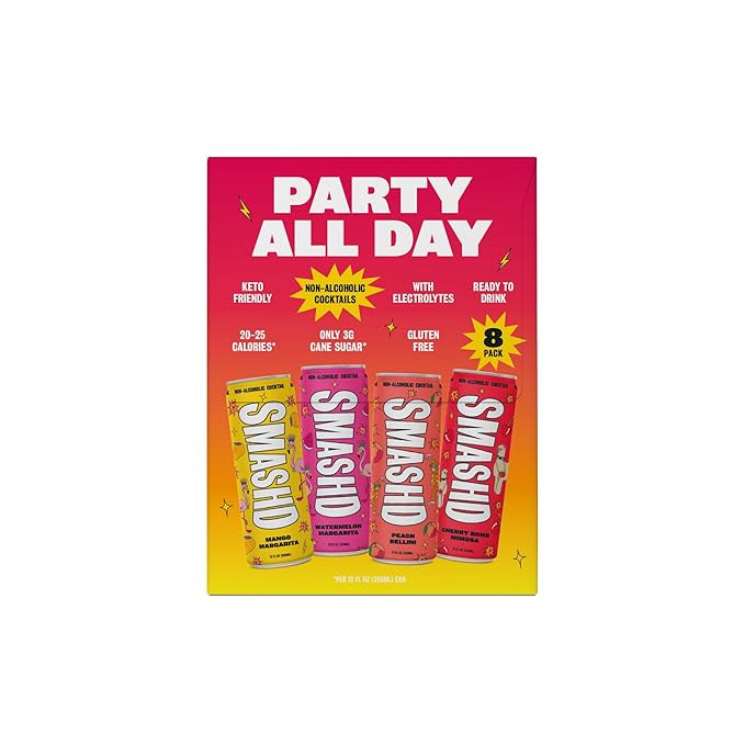 SMASHD Party All Day Non-Alcoholic Cocktail Variety Pack 8 x 12 fl oz Cans | Ready-to-Drink Mocktails | Low Calorie Low Sugar Low Carb | 45 Calories per Can | Gluten Free with Electrolytes