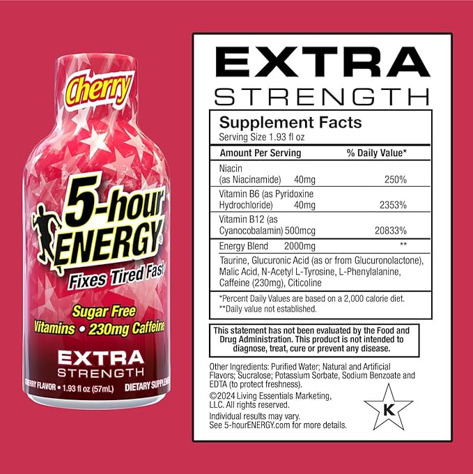 5-hour ENERGY Extra Strength Shots Cherry Flavor 1.93 oz. 30 Count (30 Bottles – Single Flavor Cherry)