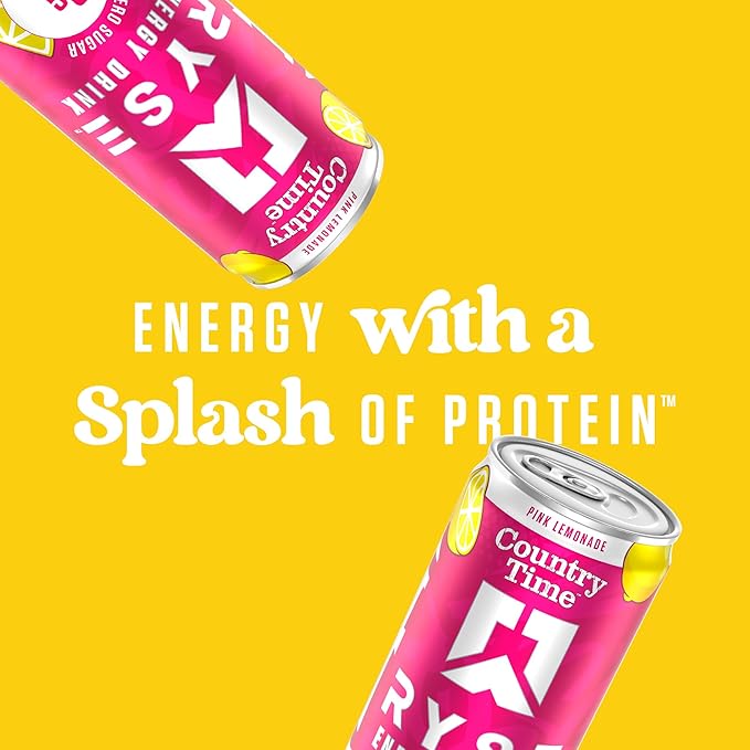 RYSE Functional Energy Drink - Country Time Pink Lemonade - 150mg Natural Caffeine 8g Whey Protein &amp 1g Prebiotics - Sugar Free Gut-Friendly Bloat-Free - 12 fl oz Cans (12-Pack)