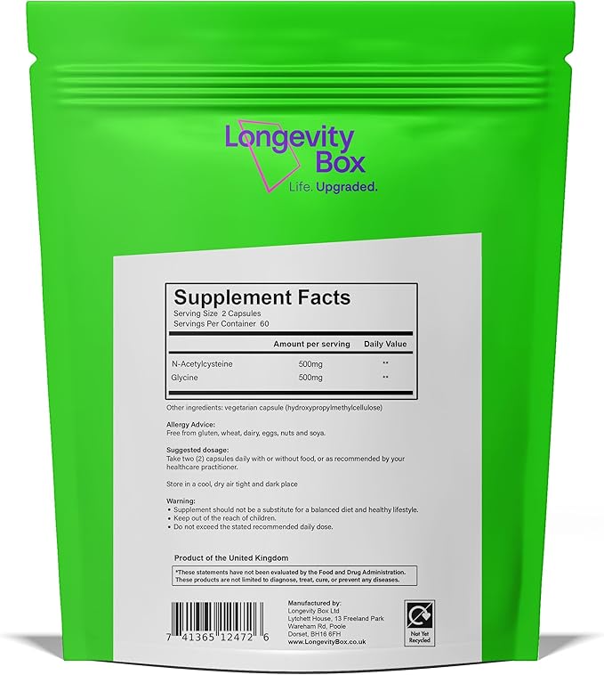 Ultra Pure GlyNAC Supplement 1000mg (500mg Glycine + 500mg N-Acetyl Cysteine) - Glutathione Precursor for Healthy Aging Energy &amp Cellular Protection - 120 Vegan Capsules