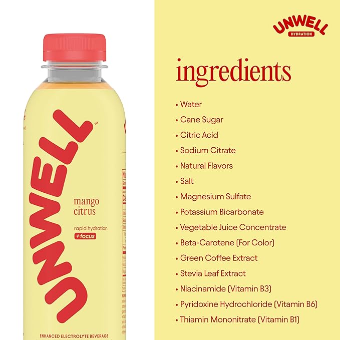 Unwell Hydration Electrolyte Drink For Rapid Hydration + Focus – Mango Citrus 12 Pack