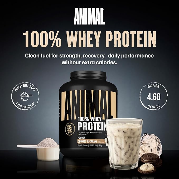 Animal 100% Whey Protein Powder – Whey Blend for Pre Workout or Post Workout Recovery Anytime Low Sugar Protein Boost Meal Replacement with BCAA Branched Chain Amino Acids – Cookies &amp Cream 4 l