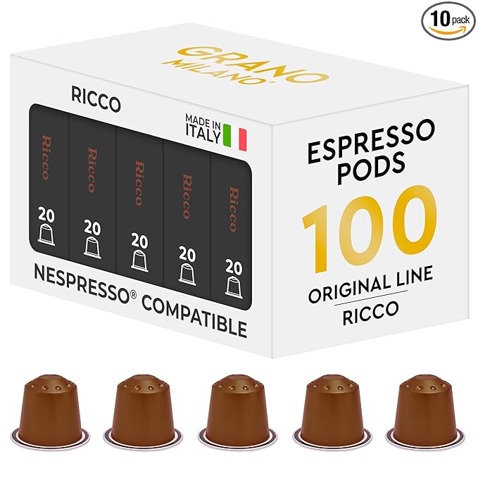 Grano Milano Ricco Coffee Capsules - 100 Aluminum Coffee Pods Compatible with Nespresso Original line Dark Roast - Intensity 11/12 Made in Italy