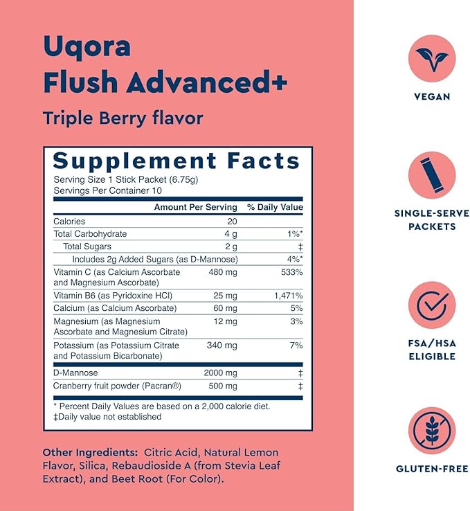 Uqora Flush Advanced+ - Helps Reduce Risk of Recurrent UTI** - with Cranberry D-Mannose Vitamin C Vitamin B6 &amp Potassium - Gluten-Free &amp Vegan - Triple Berry Flavor - 30 Packets (3 Pack)