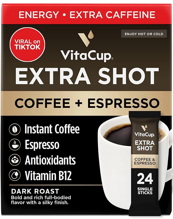 VitaCup Extra Shot Instant Coffee Packets with Espresso Shot “Red Eye” High Caffeine Bold Dark Roast w/Vitamin B12 Antioxidants Premium Instant Coffee in Single Serve Sticks 24 Ct