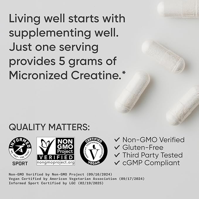 Sports Research® Creatine Monohydrate Capsules - Supports Workout Recovery Lean Muscle gain Performance and Strength* - Non-GMO Vegan Certified - 5g per Servings - 30 Servings