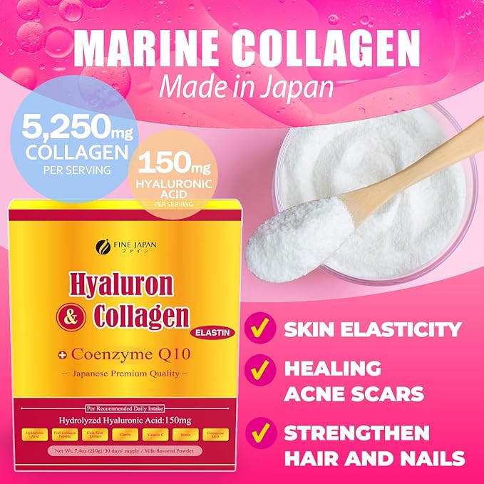 FINE JAPAN Premium Marine Collagen Powder with Hyaluronic Acid CoQ10 &amp Elastin - Non-GMO - 30 Servings (210g / 7.4oz) Made in Japan