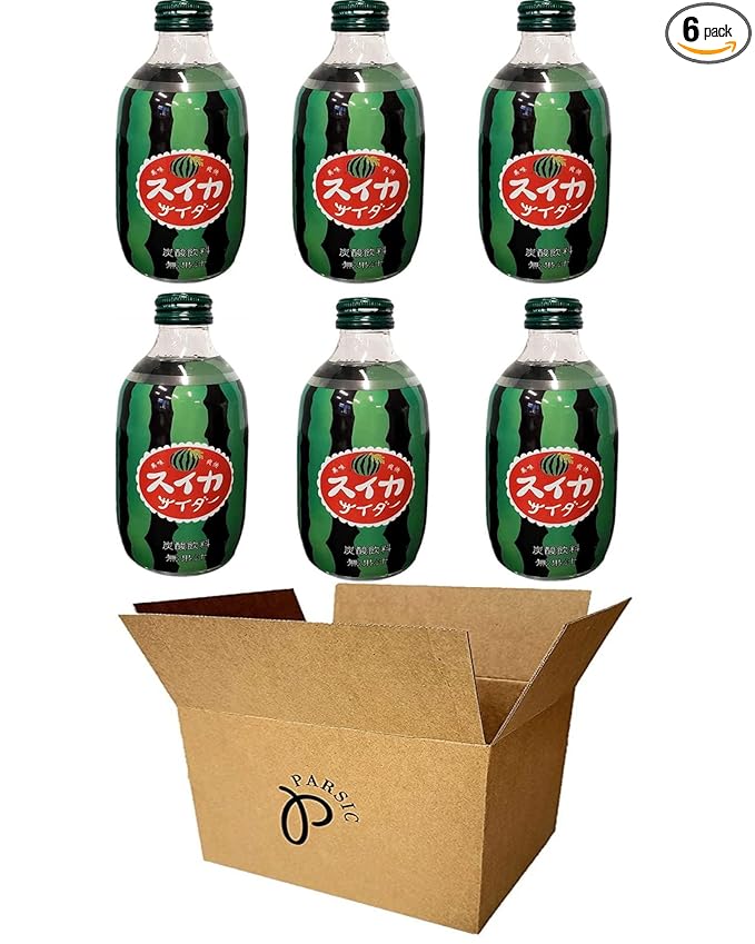 Tomomasu Japanese Soda Cider Soft Drink 10.14Fl oz Each (Pine Durian Mango Melon Peach Watermelon) - Pack of 6 (Watermelon (Pack of 6))