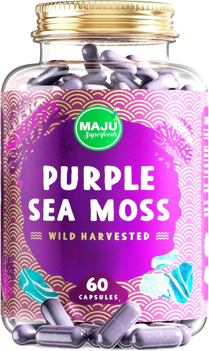 MAJU's Powerful Purple Sea Moss Capsules (60 ct) Extra-Strength Purple Minerals Chondrus Crispus Stronger Than Gel Compare to Organic Irish Seamoss Capsule Wild Harvested Powder Pills