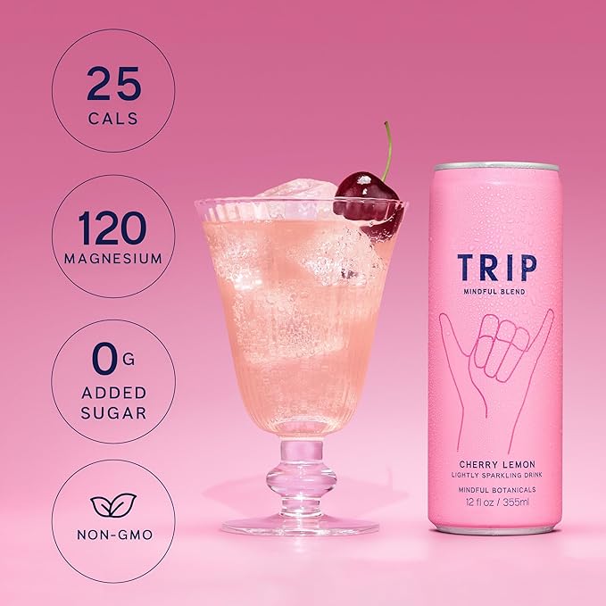 TRIP Lightly Sparkling Adaptogen Drink Non Alcoholic Drink with Magnesium Ashwagandha Lions Mane &amp L Theanine No Added Sugar Mocktail Vegan Cherry Lemon 12 Oz 12Pk