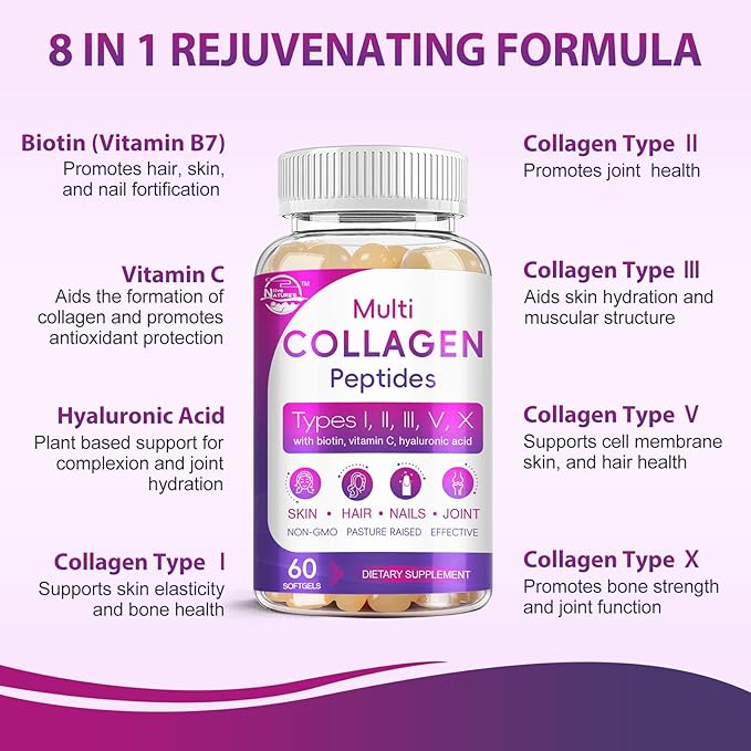 Multi Collagen Peptides Softgel - Type I II III V X - Hydrolyzed Collagen Peptides with Biotin Vitamin C Hyaluronic Acid Supports Skin Hair Nail Grass-Fed Non-GMO 60 Softgel 3 Pack
