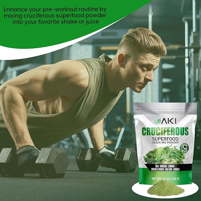 AKI Cruciferous Superfood Green Mix Powder - Made from Kale Broccoli Brussels Sprouts Cabbage - Packed with Essential Phytonutrients &amp Vitamins ((16oz/454g))