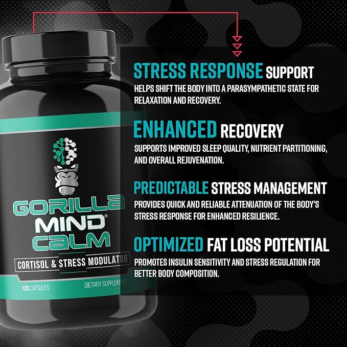 Gorilla Mind Calm (120 Capsules) - Potent Relaxation &amp Stress Reduction | Cortisol &amp Stress Modulator | Enhanced Recovery