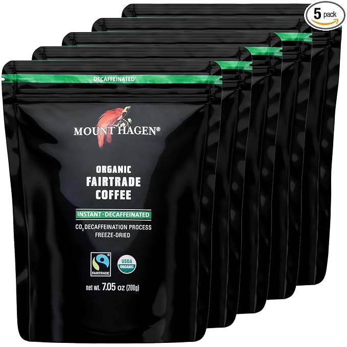Mount Hagen 7.05oz Organic Freeze Dried Instant Decaf Coffee - 5 Pack | Organic Medium Roast Arabica Beans | Fair-Trade Eco-friendly in Resealable Pouch Bag [5x7.05oz]