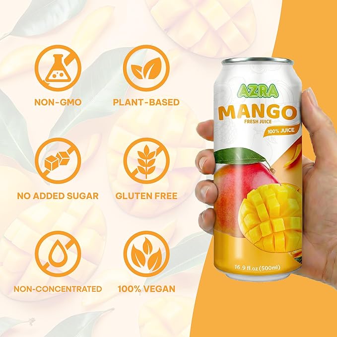 AZRA 100% Mango Juice – Fresh Fruit Juice in 500ml Cans – Zero Sugar Drinks Healthy Beverages Variety Pack for Kids and Adults – Bulk 100% Juice Pack 12 Count