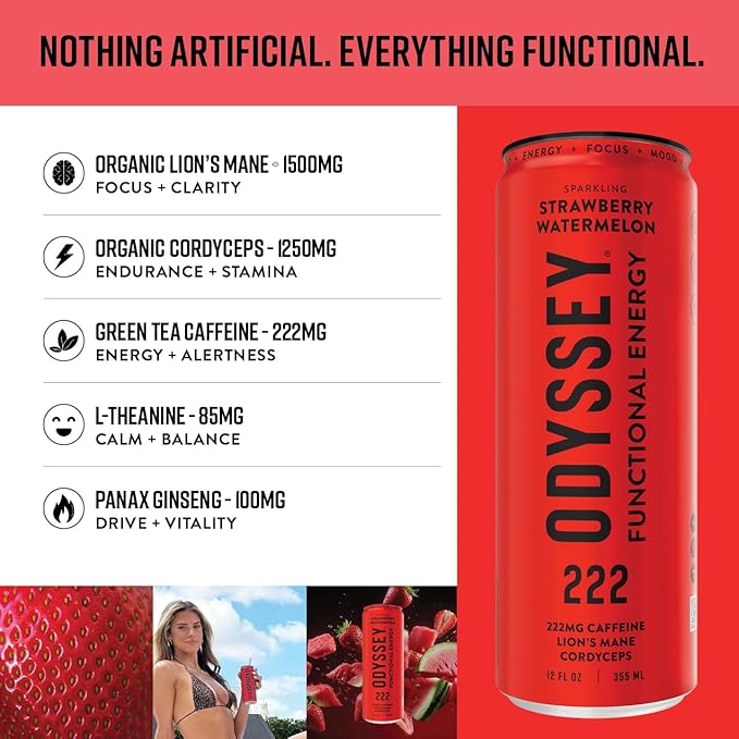 Odyssey Elixir - Odyssey 222 - Sparkling Energy Drink - 222 mg of Caffeine - Lion's Mane &amp Cordyceps - Energy &amp Focus - Endurance &amp Stamina - Nootropic - Pre Workout - Strawberry Watermelo