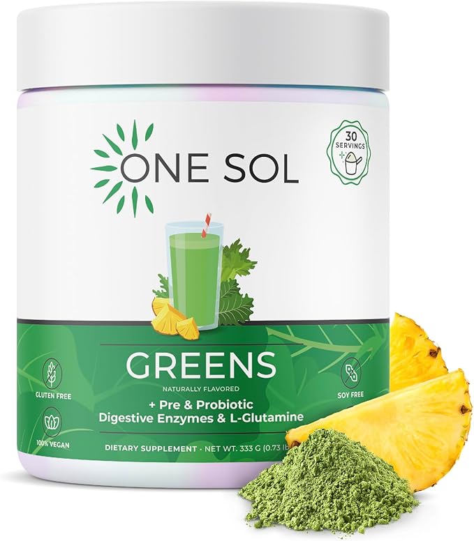 One Sol Greens Super Greens Powder to Reduce Bloating &amp Improve Gut Health Superfood Fresh Bloom Organic Greens Blend Juice &amp Smoothie Mix Pre &amp Probiotic with Digestive Enzymes Vegan