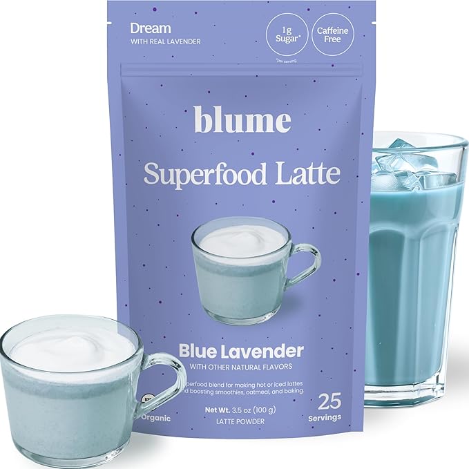 Blume Superfoods Latte - Blue Lavender Powder with Blue Spirulina and Coconut Milk Caffeine Free Low-Sugar Organic Keto Friendly Vegan supports sleep and calmness Lavender Latte- 25 Servings