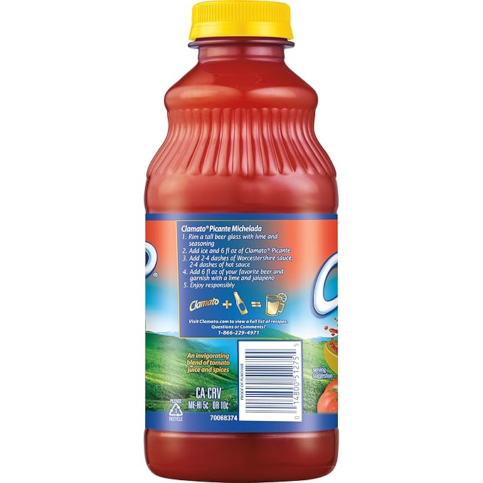 Clamato Picante Tomato Cocktail 32 fl oz bottle (Pack of 12) Authentic Spicy Flavored Tomato Juice Perfect Mixer for Micheladas and Bloody Mary Drinks and other Cocktail Spirits