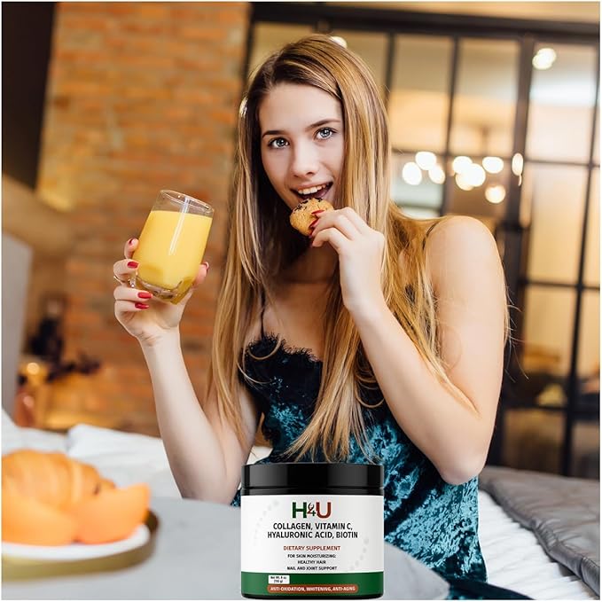 H4U Collagen Peptides Powder Plus with Vitamin C and Hyaluronic Acid &amp Biotin with Beauty Blend for Skin Hydration Healthy Hair Nails and Joint Support Unflavored Powder 7 Ounces 20 Servings