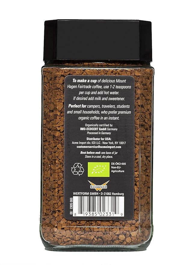 Mount Hagen Jar + Resealable Pouch Organic Freeze Dried Instant Coffee - Combo Pack | Eco-friendly Fair-Trade Medium Roast Arabica Beans [3.53oz Jar + 7.05oz Resealable Pouch]