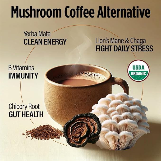 VitaCup Mushroom Coffee Alternative Instant Drink Mix | Mushroom Based Coffee Substitute for Natural Energy &amp Focus | Lion’s Mane Yerba Mate &amp Chaga | Cacao Cinnamon &amp B Vitamins | 30