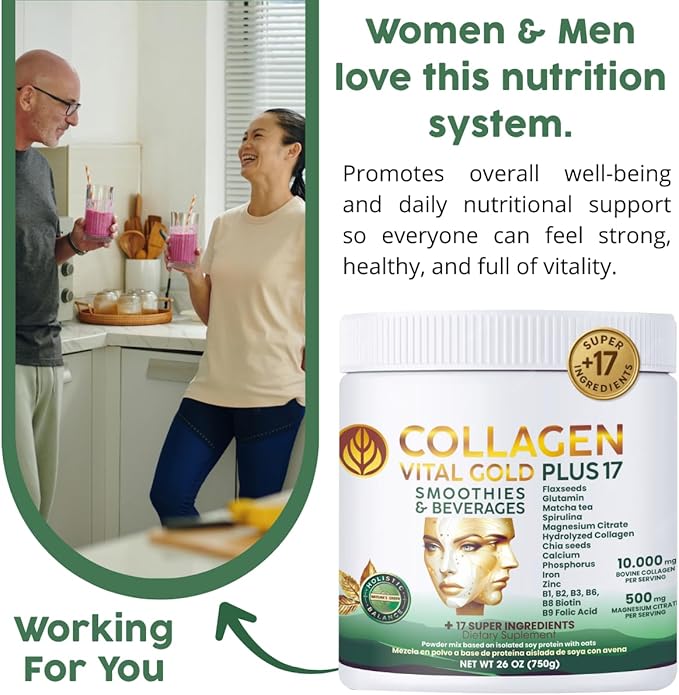 Vital Life Collagen Peptides Powder - Hydrolyzed Collagen with +17 Super Ingredients 1.6 lb Mint &amp Lemon Flavor Supplement for Healthy Hair Skin Nails Bones Joints Collagen for Women &amp