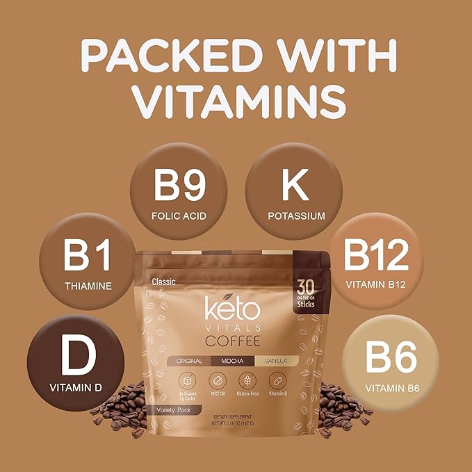 Keto Vitals Instant Keto Coffee Powder with MCT Oil &amp Vitamins - Low-Calories Low-Carb No Artificial Sweeteners – Energy &amp Metabolism Support – 30 Single-Serve Sticks (Original Vanilla &amp