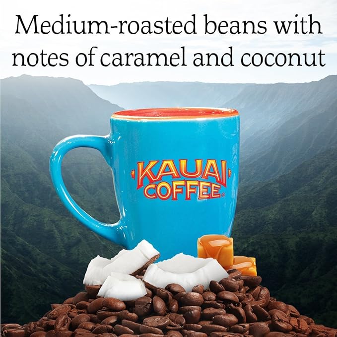 Kauai Coffee Pods Compatible with K-Cup Pods for Keurig Brewers – 20% Hawaiian Arabica – Medium Roast Rich Smooth No Bitterness – Coconut Caramel Crunch 4 Packs of 12 Single Serve Cups