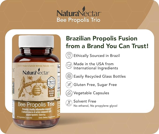 NaturaNectar - Bee Propolis Trio Capsules NSF Certified Premium Brazilian Propolis - Gluten-Free Supplements with More Diverse Flavonoids &amp PWE - Naturally Sourced Through Ethical Beekeeping (60p