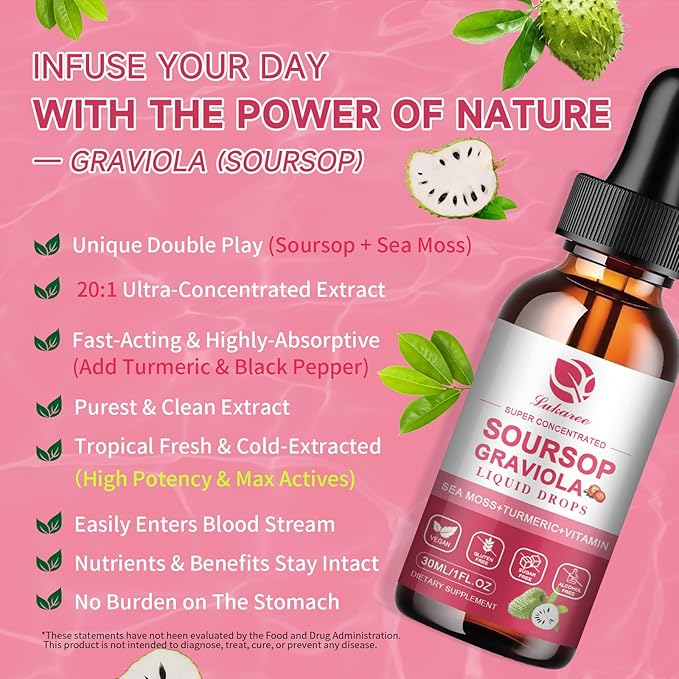 (2 Pack) Soursop Graviola Leaf Extract Liquid Drop Plus Pure Botanical Sea Moss for Cell Support &amp Regeneration Immunity and Gut Health Soursop Bitters Liquid丨Full TextureStrawberry Flavor1 Fl
