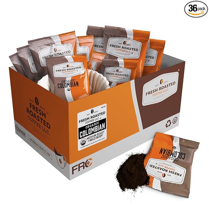 Fresh Roasted Coffee Organic Colombian | USDA Organic 100% Single Origin Kosher | Pre-Ground Fractional Packs 2.25 Ounce 36 Count