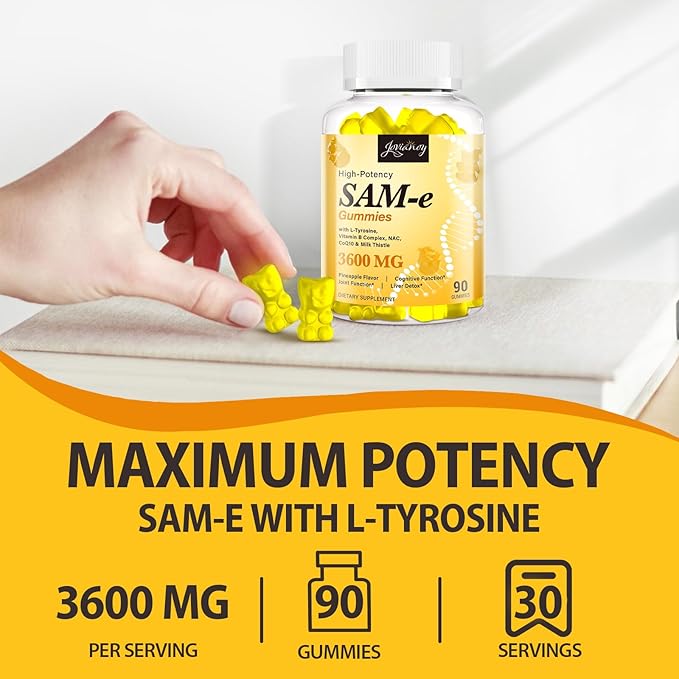 SAM-e Gummies with L-Tyrosine Vitamin B Complex &amp NAC CoQ10 High-Potency SAM-e Supplement - Pineapple Flavor for Mood Joint Cognitive &amp Liver Detox Vegan Friendly 90 Gummies