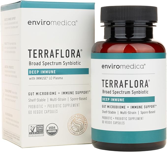Terraflora Deep Immune Synbiotic- SBO Probiotic and Prebiotic Immune Support Gut Health Soil Based Spore Pre and Probiotics for Women and Men LC-Plasma Bacillus Coagulans Subtilis 60 Capsules