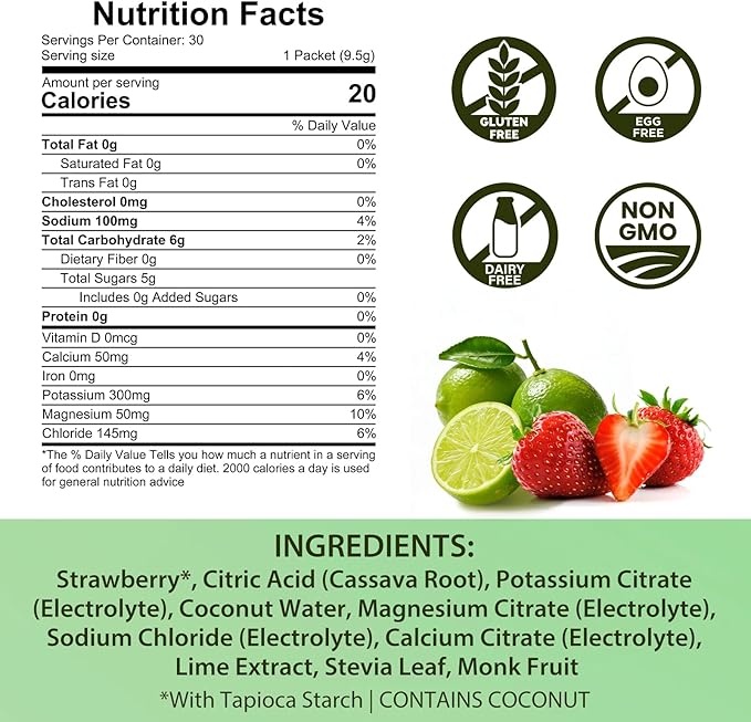 Strawberry Limeade Electrolytes Powder Packets Instantly Hydration Drink Mix Just Whole Food Ingredients Energy Boost Exercise Recovery Liquid &amp Daily I V Minerals Support 30 PCS No Sugar Add
