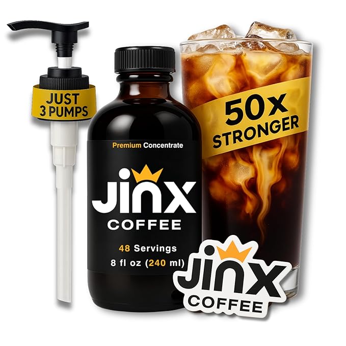 Jinx Coffee Concentrate – 50x Stronger Cold Brew Coffee | Strong Caffeine Concentrated Liquid Perfect for Instant Hot or Iced Coffees Cold Brew Concentrate Hot Drinks and Instant Espresso | 48 Ser