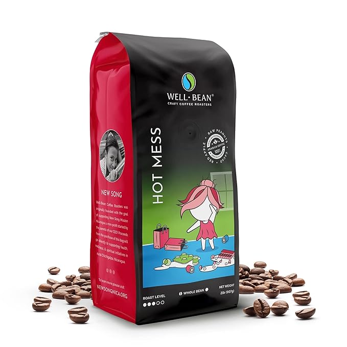 Well-Bean Coffee - Hot Mess Coffee Beans Nicaraguan Microlot Whole Bean Coffee Gluten-Free Keto Coffee Antioxidant Rich Coffee Beans Whole Medium Roasted Coffee 2 lb