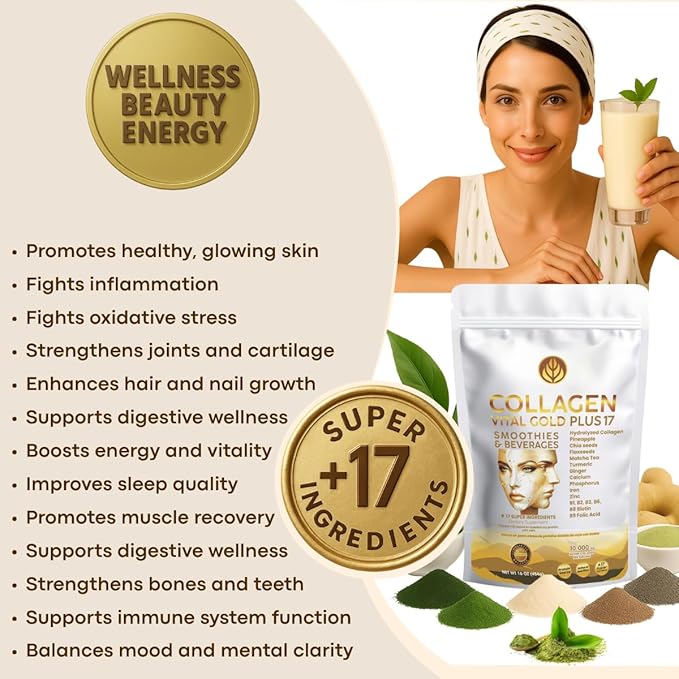 Vital Life Collagen Peptides Powder - Hydrolyzed Collagen with +17 Super Ingredients 1 lb Pineapple Flavor Supplement for Healthy Hair Skin Nails Bones Joints Collagen for Women &amp Men.